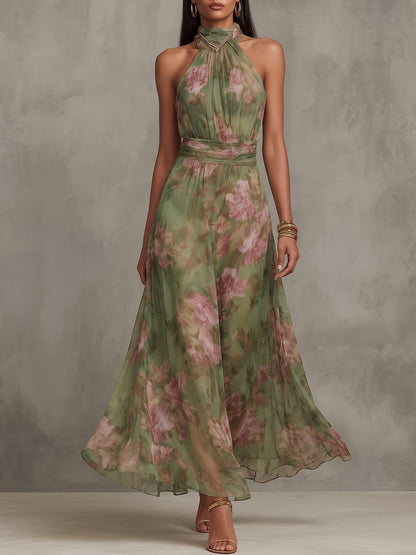Women's Halter Neck Floral Print Maxi Dress
