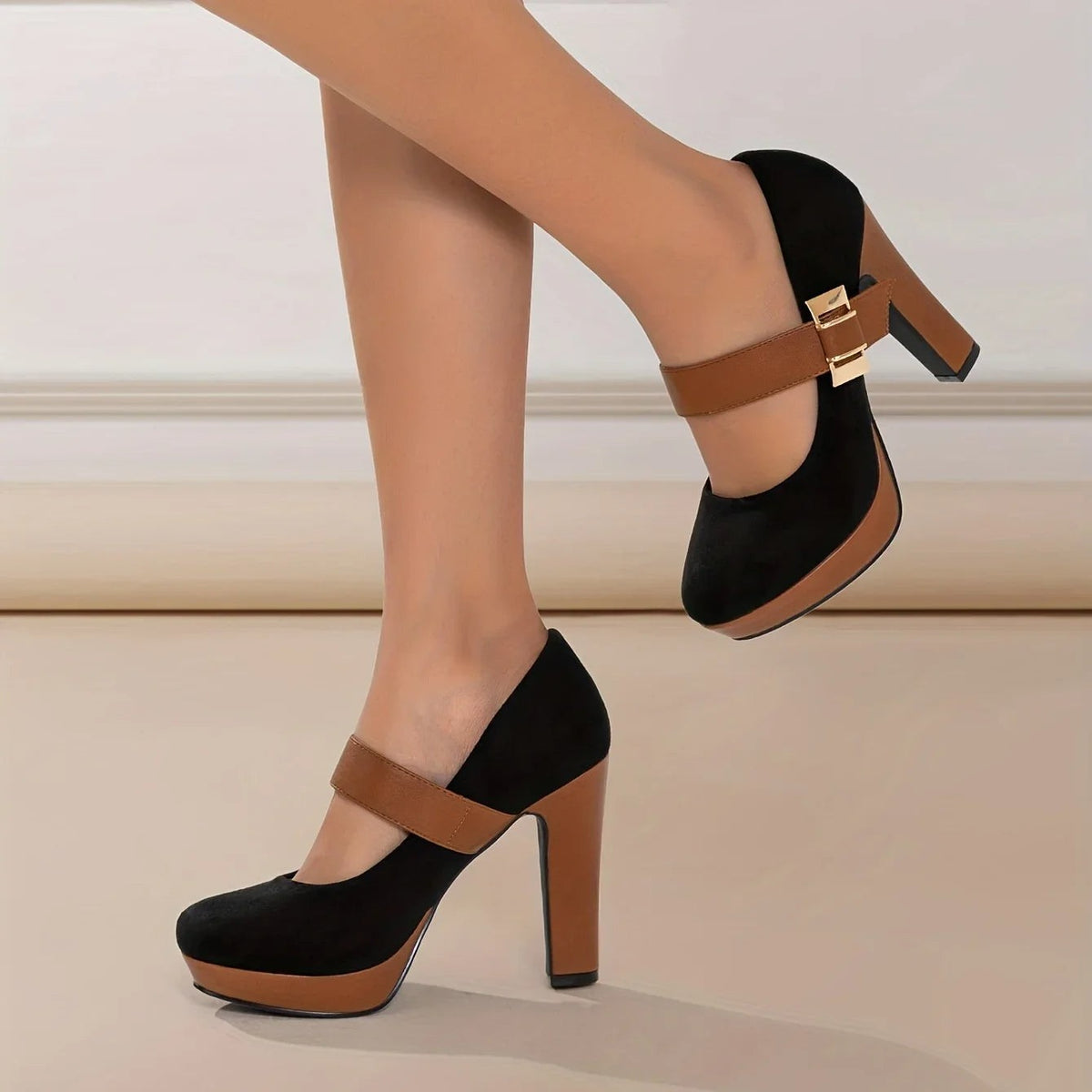 Women's Double Buckle Platform Block Heel Pumps