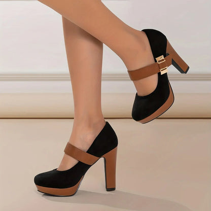 Women's Double Buckle Platform Block Heel Pumps