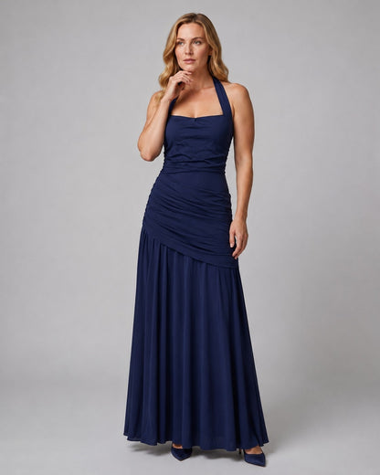 Women's Ruched Halter Chiffon Maxi Dress