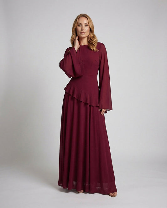 Women's Bell Sleeve Peplum Waist Maxi Dress