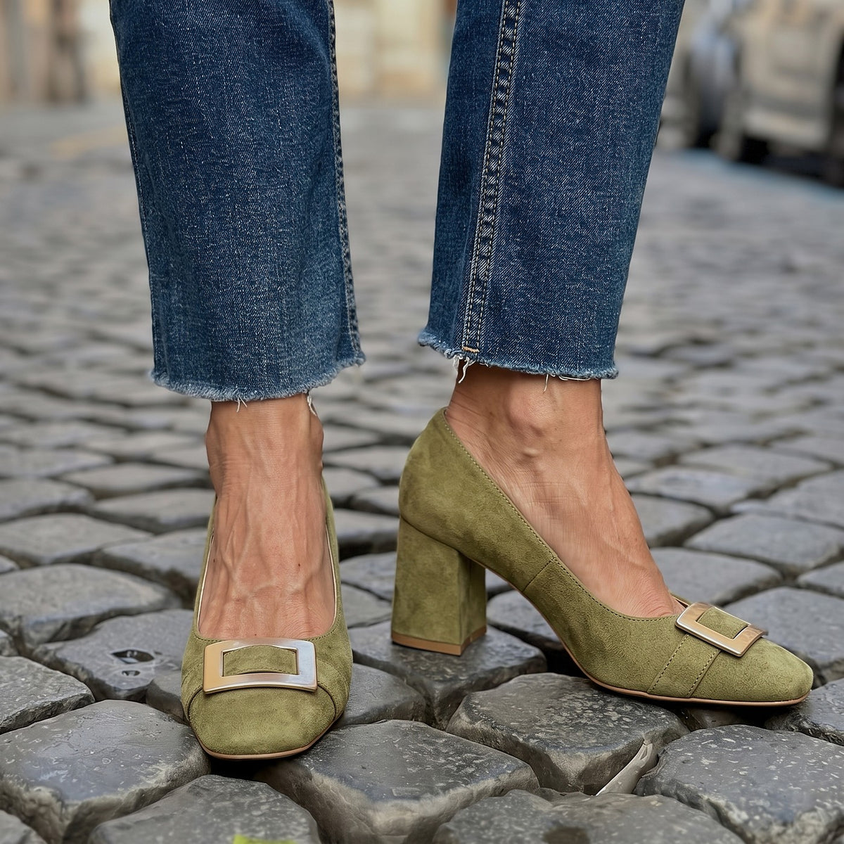 Women's Slip On Block Heel Pumps Buckle