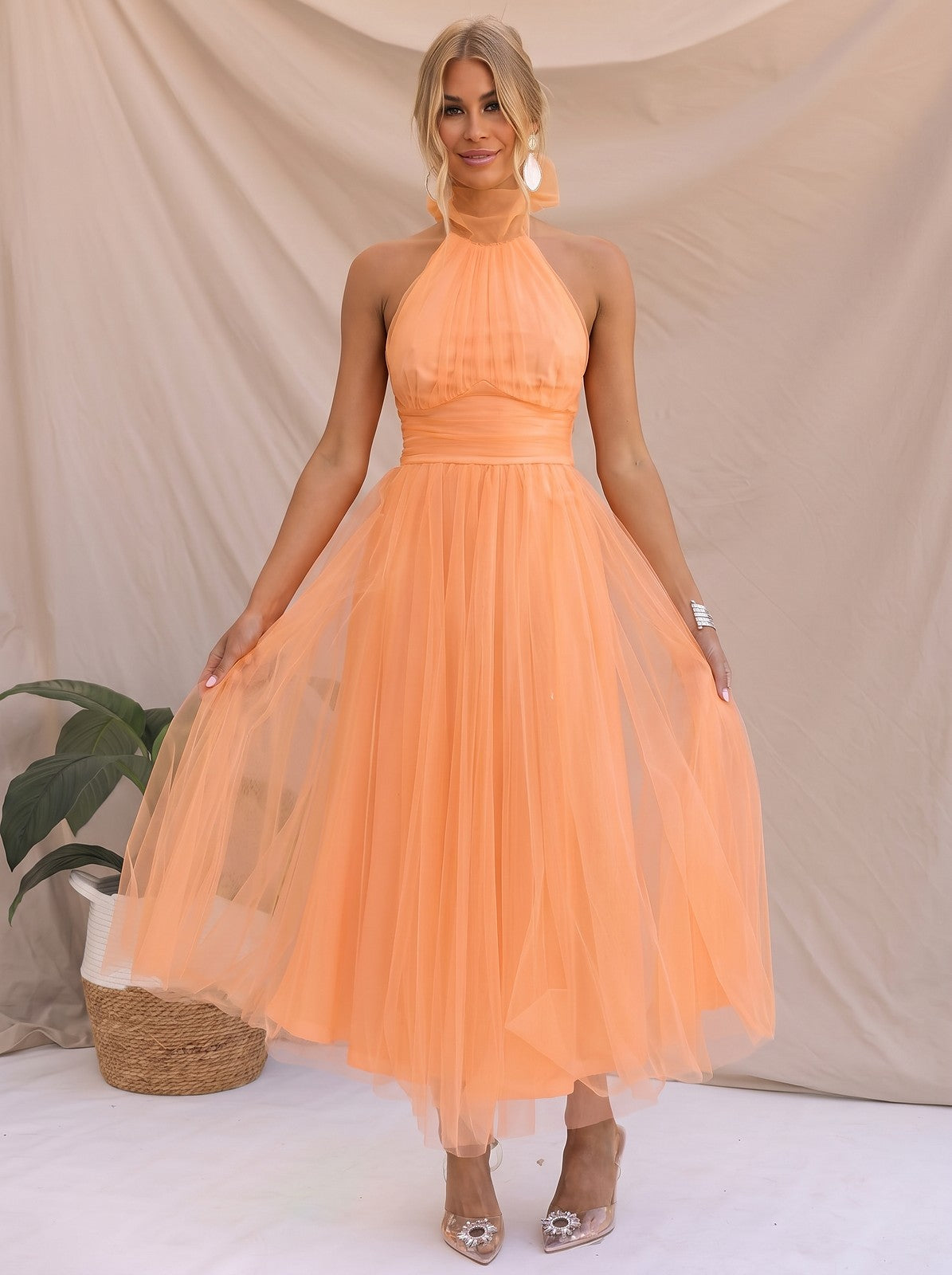 Women's Cowl Halter Tulle Tea Length Dress