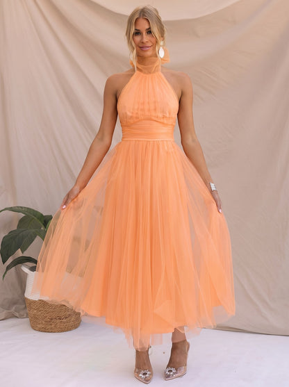 Women's Cowl Halter Tulle Tea Length Dress