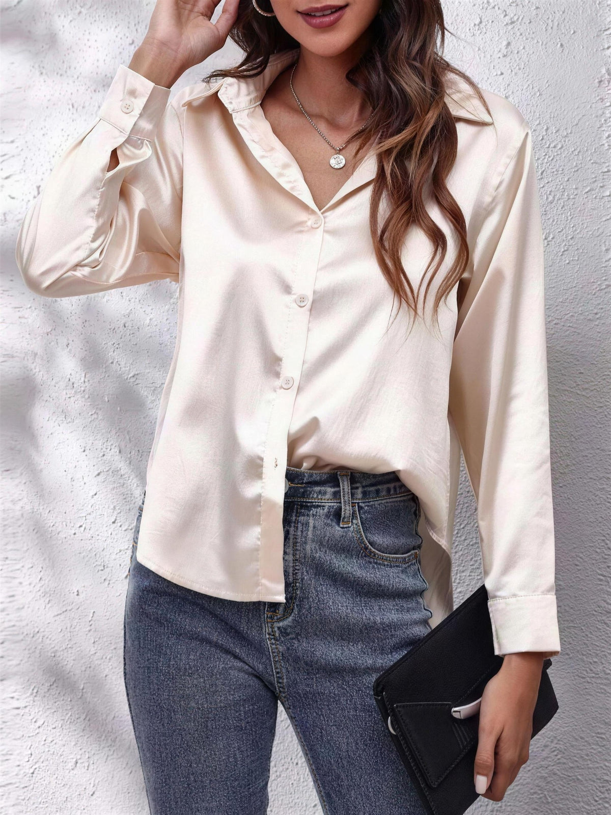 Women's Collared Satin Shirt with V Neck