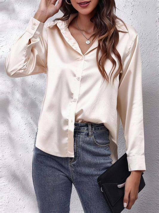 Women's Collared Satin Shirt with V Neck