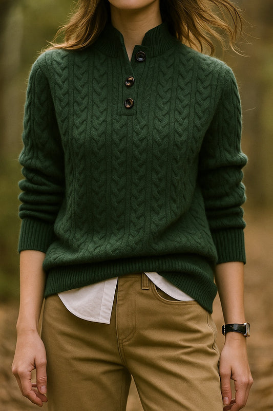 Women's Button Mock Neck Cable Knit Sweater