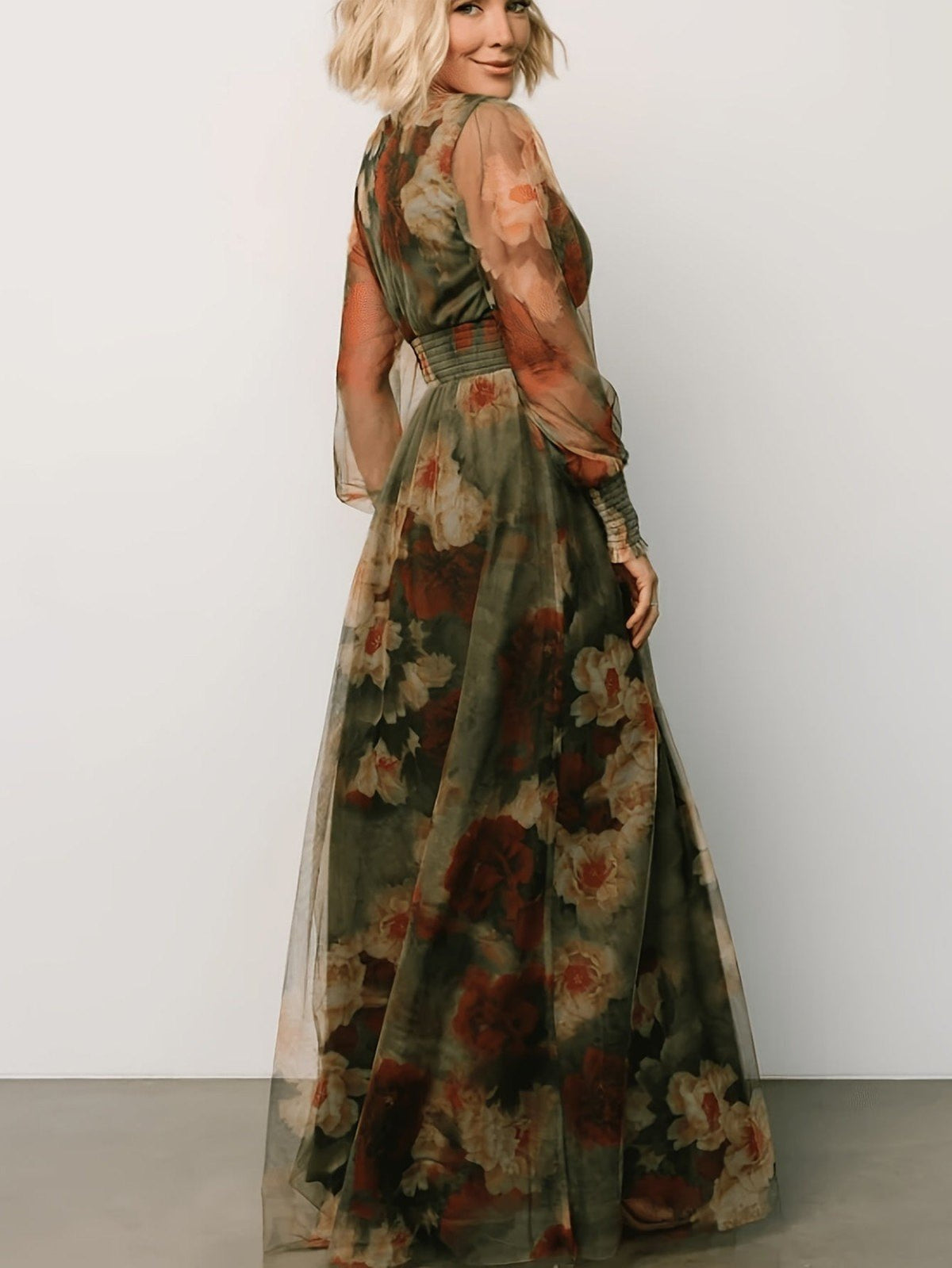 Women's Vintage Neckline Floral Tulle Maxi Dress