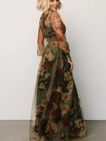 Women's Vintage Neckline Floral Tulle Maxi Dress
