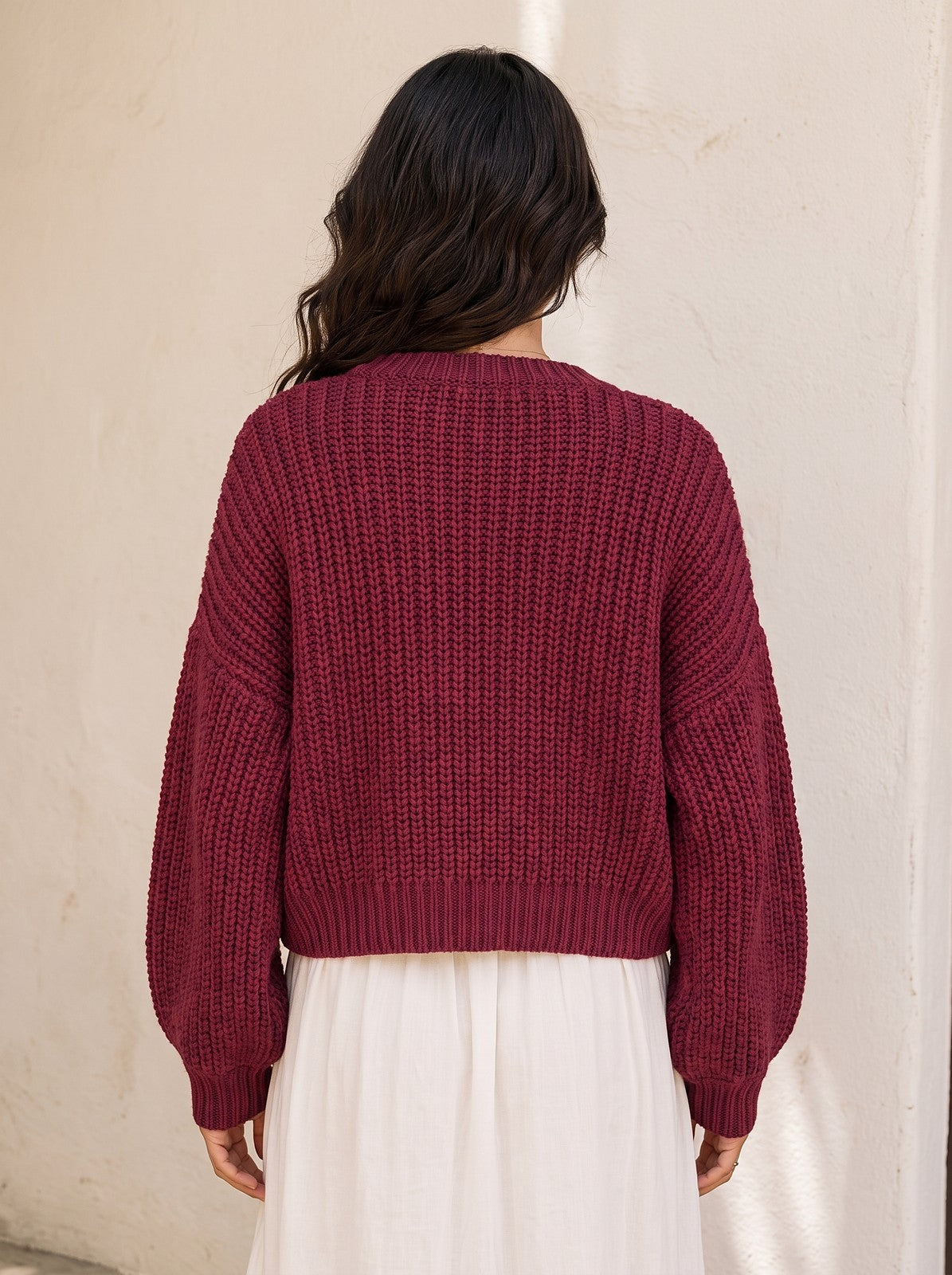Women's Cropped Chunky Knit Balloon Sleeve Cardigan
