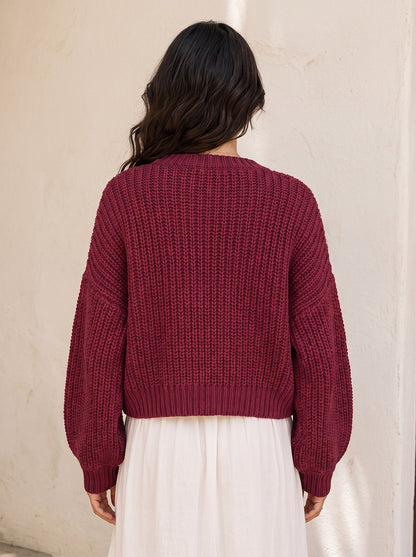 Women's Cropped Chunky Knit Balloon Sleeve Cardigan