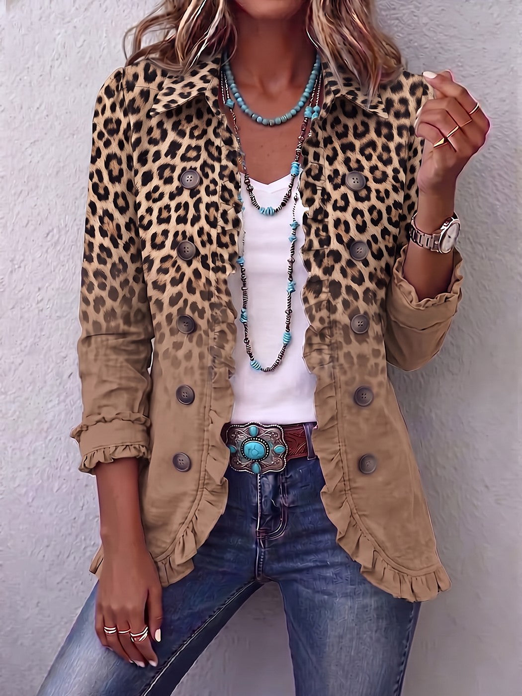 Women's Collared Leopard Jacket Ruffle Hem