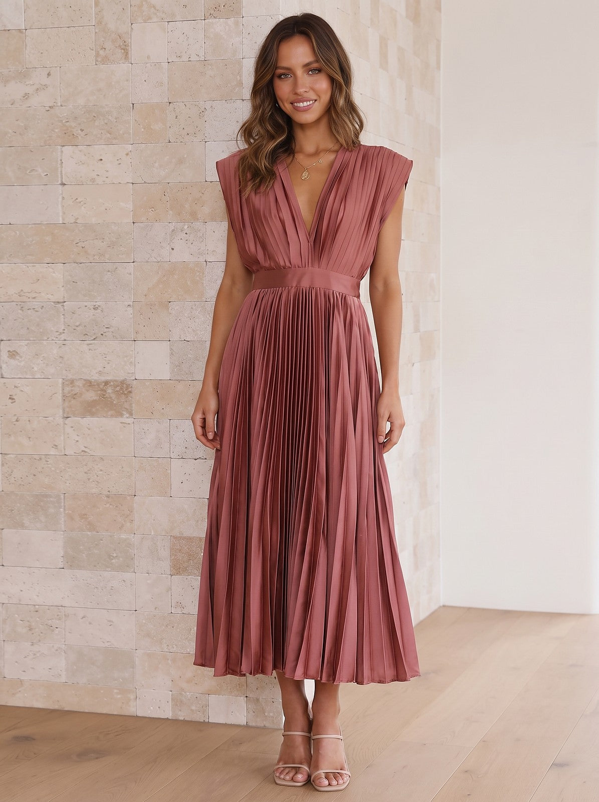 Women's V Neck Pleated Midi Formal Dress