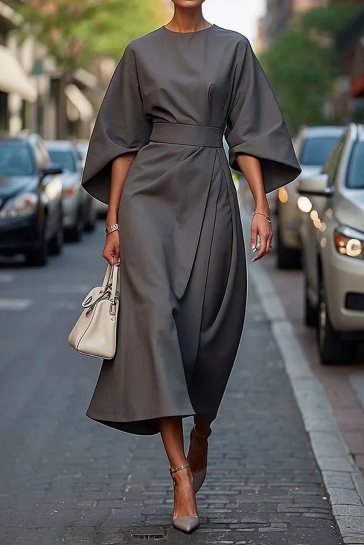 Women's Kimono Sleeve Belted Midi Dress