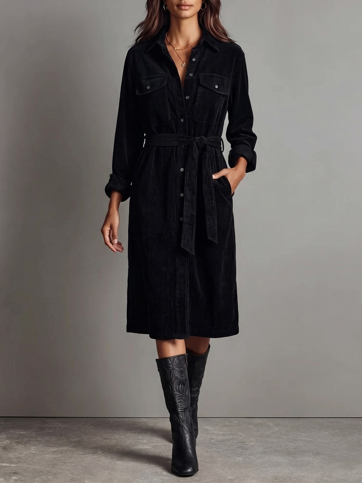Women's Long Sleeve Shirt Dress with Belt