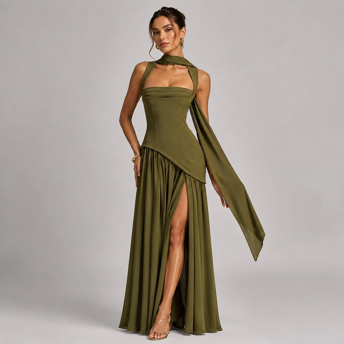 Women's Draped Maxi Dress with Side Slit