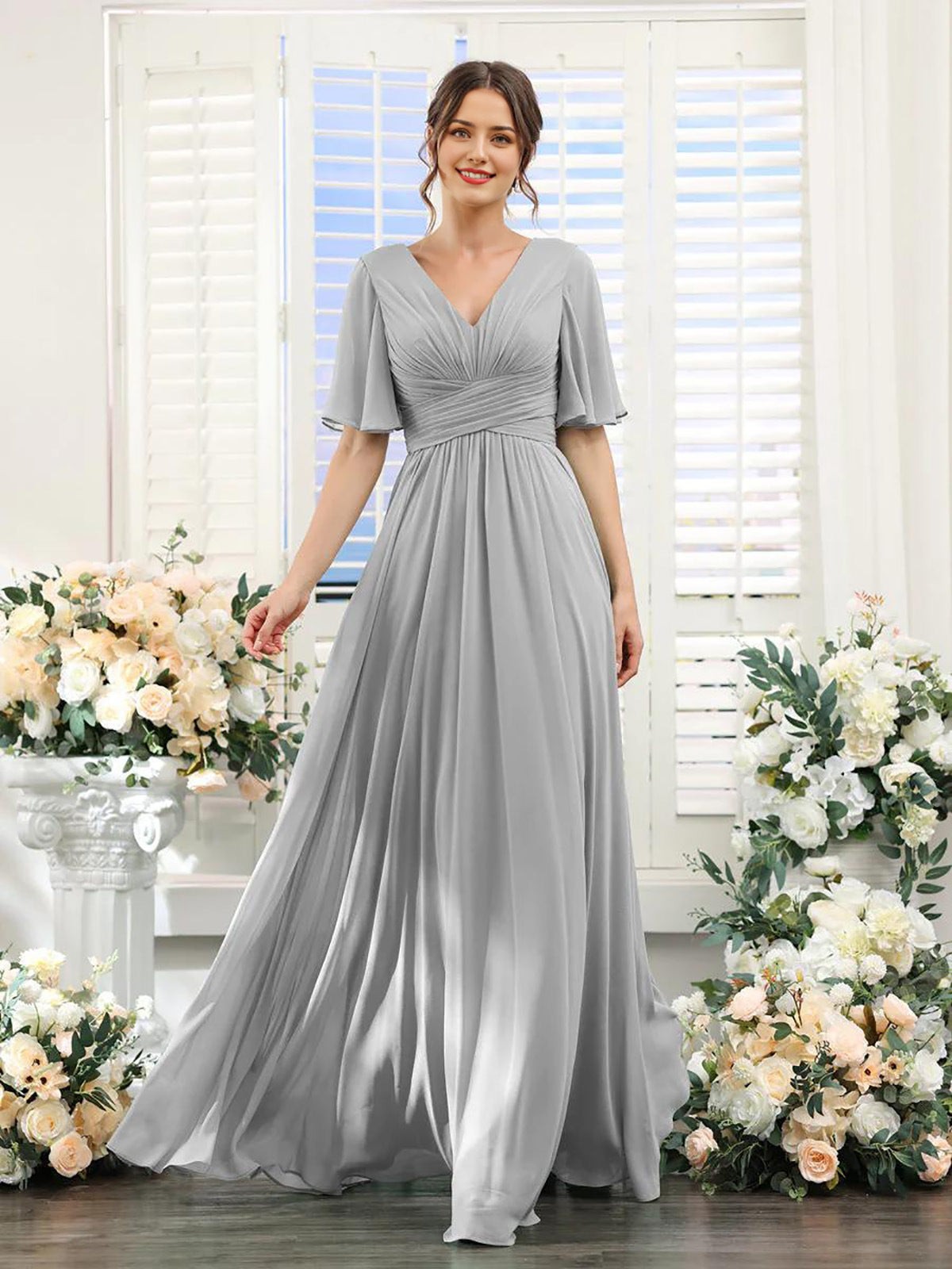 Women's Chiffon Maxi Dress with Flutter Sleeves