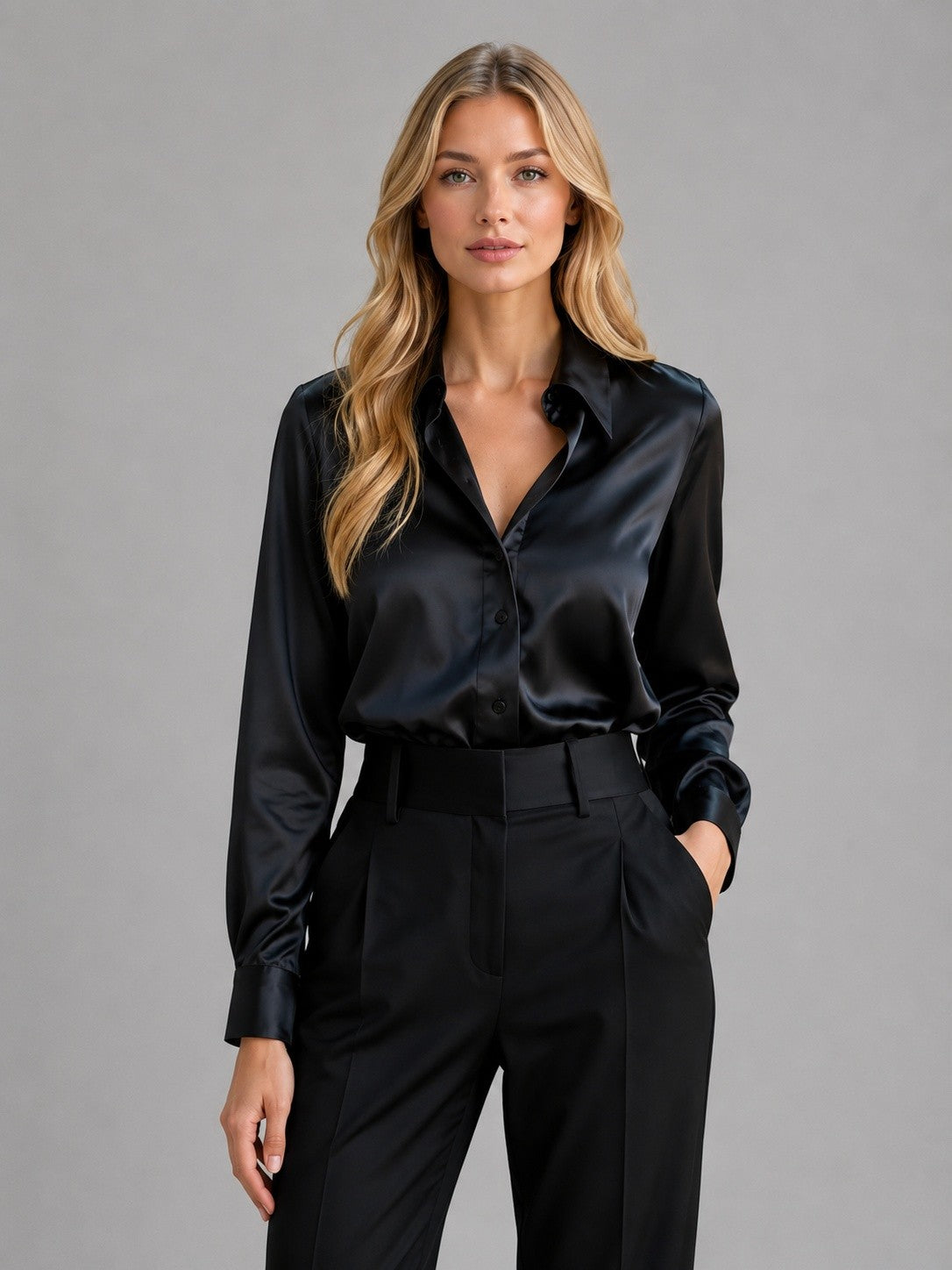 Women's Long Sleeve Collared Satin Blouse