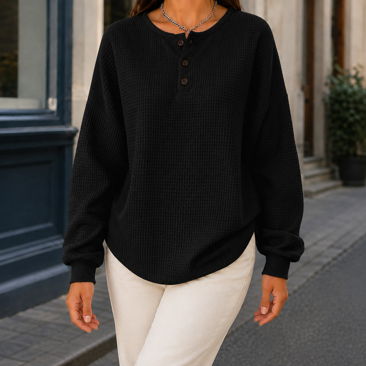Women's Waffle Knit Sweater with Button Neck