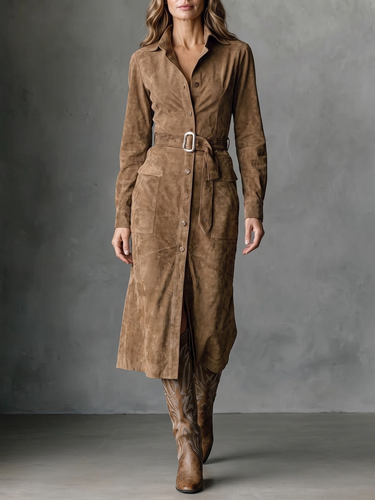 Women's Faux Suede Button Front Midi Dress