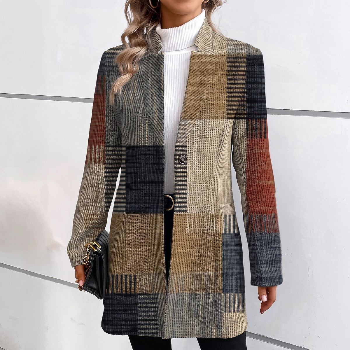 Women's Long Plaid Blazer Patchwork