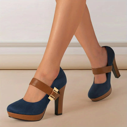 Women's Double Buckle Platform Block Heel Pumps