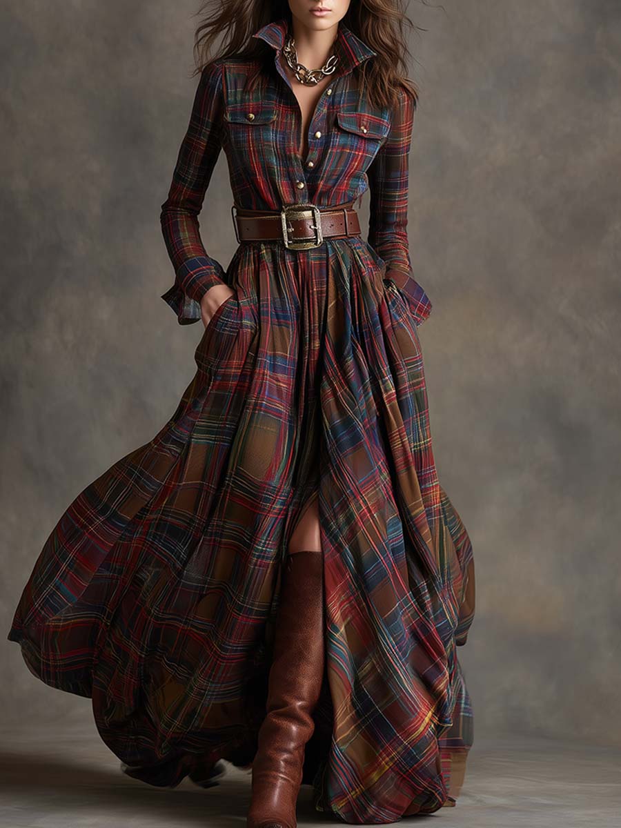 Women's Long Sleeve Plaid Maxi Dress