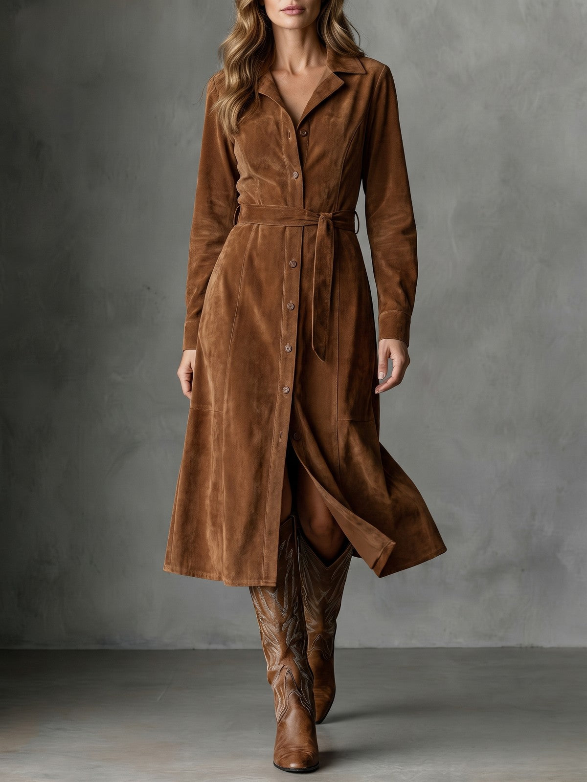 Women's Faux Suede Button Front Midi Dress