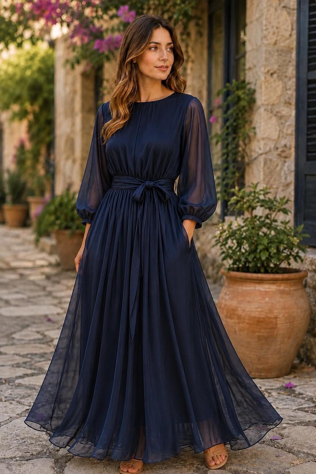 Women's Vintage Neckline Belted Chiffon Evening Dress