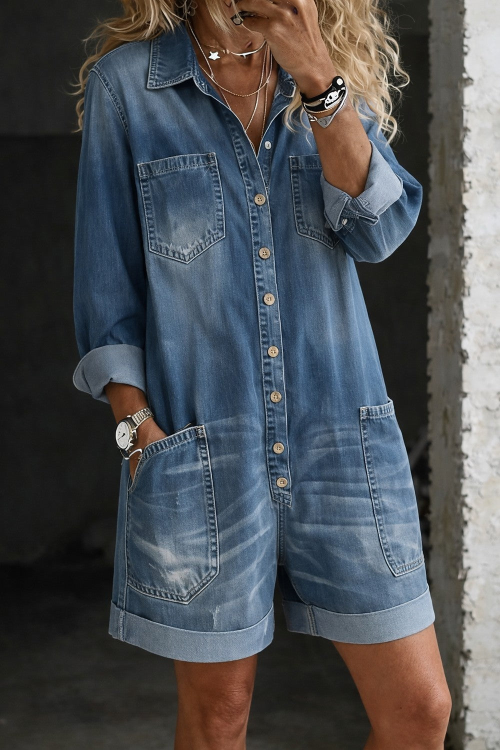 Women's Collared Denim Romper with Pockets