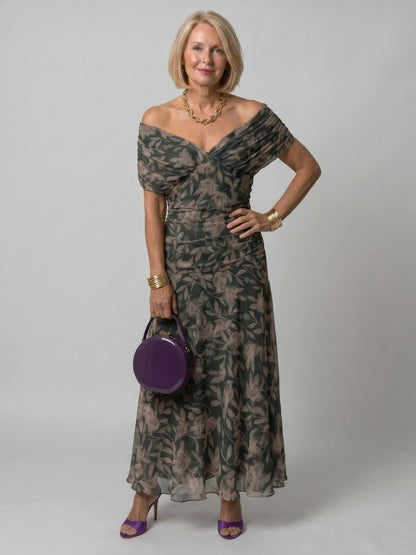 Women's Off Shoulder Ruched Bodice Midi Dress