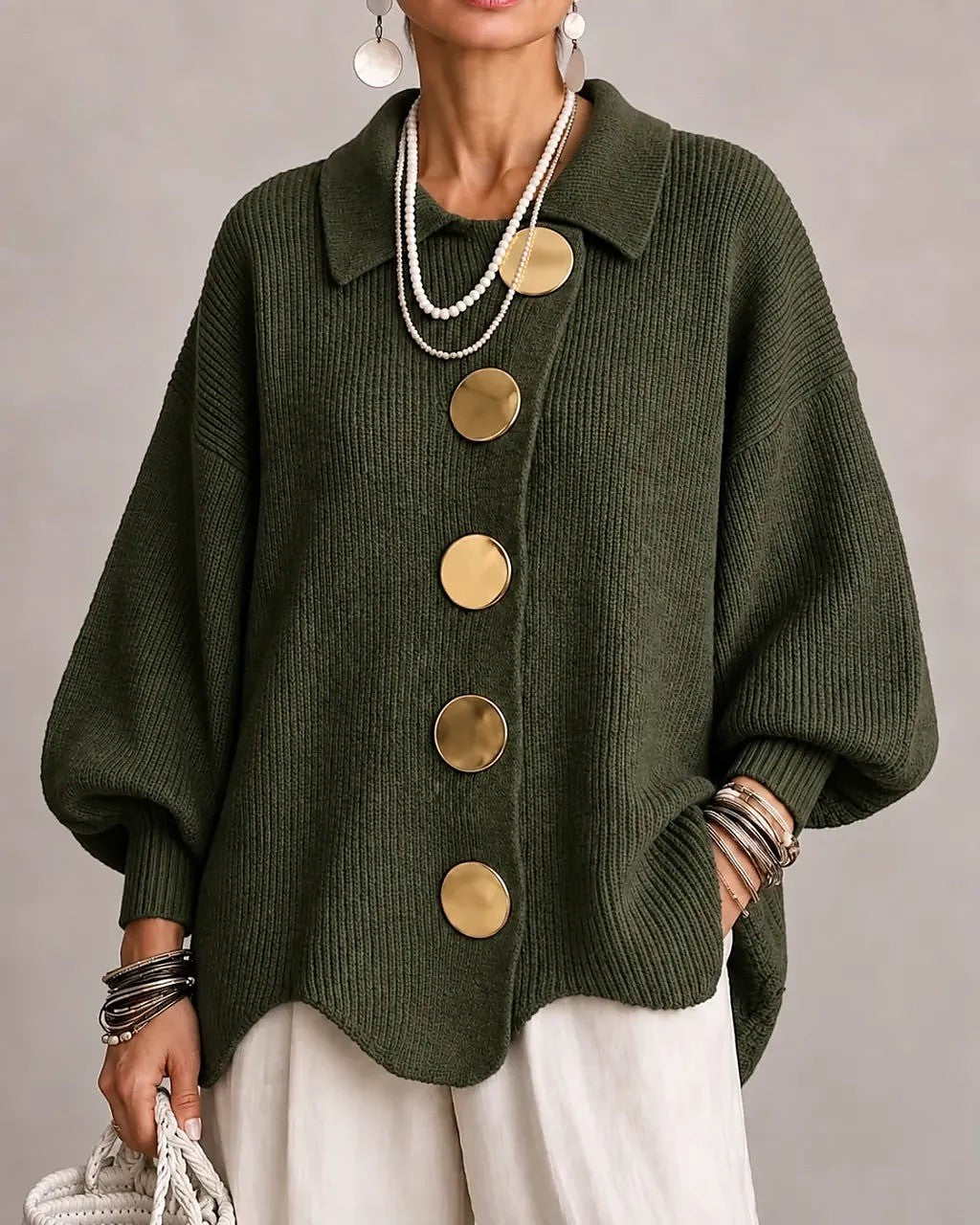 Women's Chunky Grandpa Cardigan with Collar