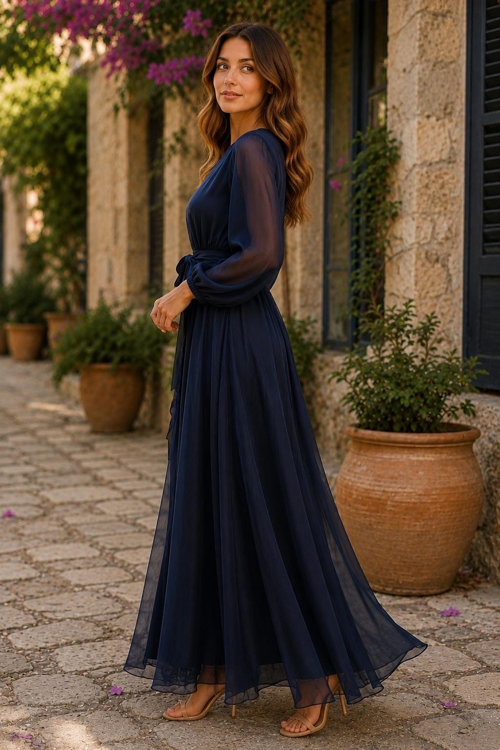 Women's Vintage Neckline Belted Chiffon Evening Dress
