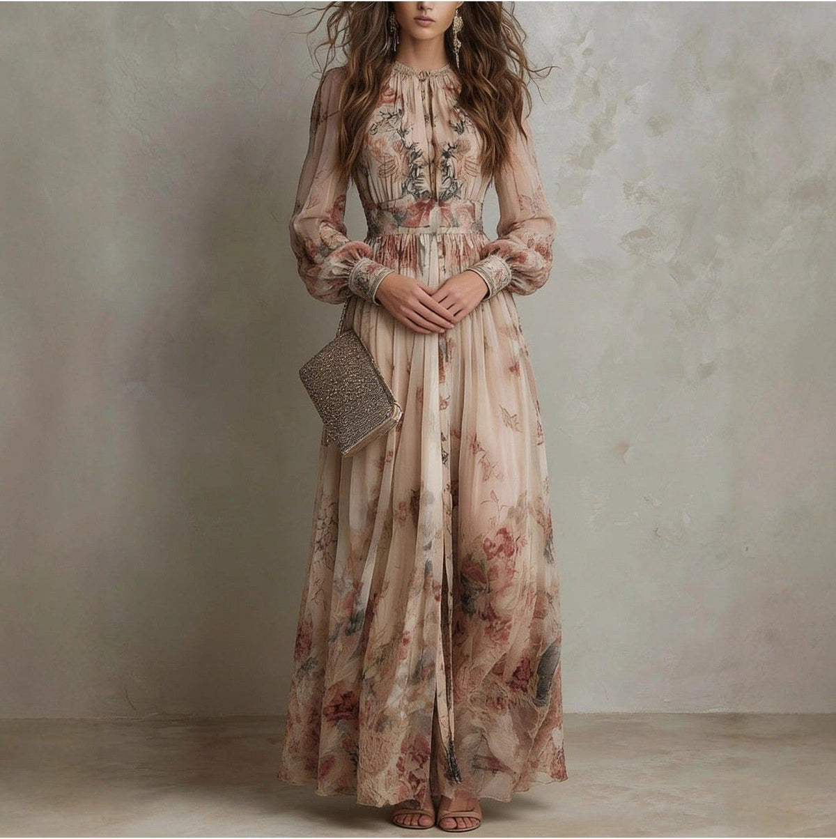 Women's Vintage Neckline Smocked Floral Maxi Dress