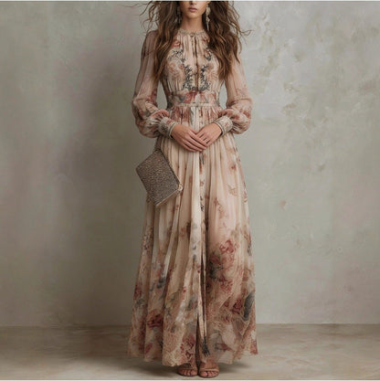 Women's Vintage Neckline Smocked Floral Maxi Dress