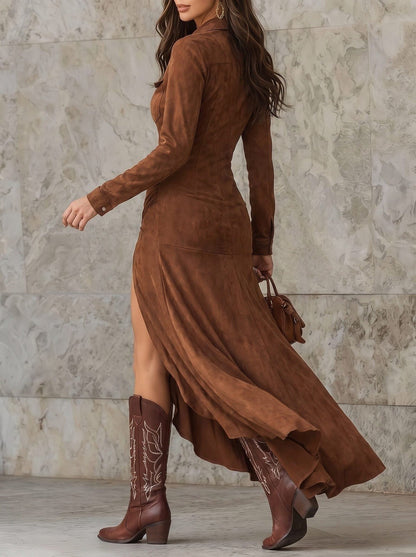 Women's Faux Suede Vintage Neckline Evening Gown