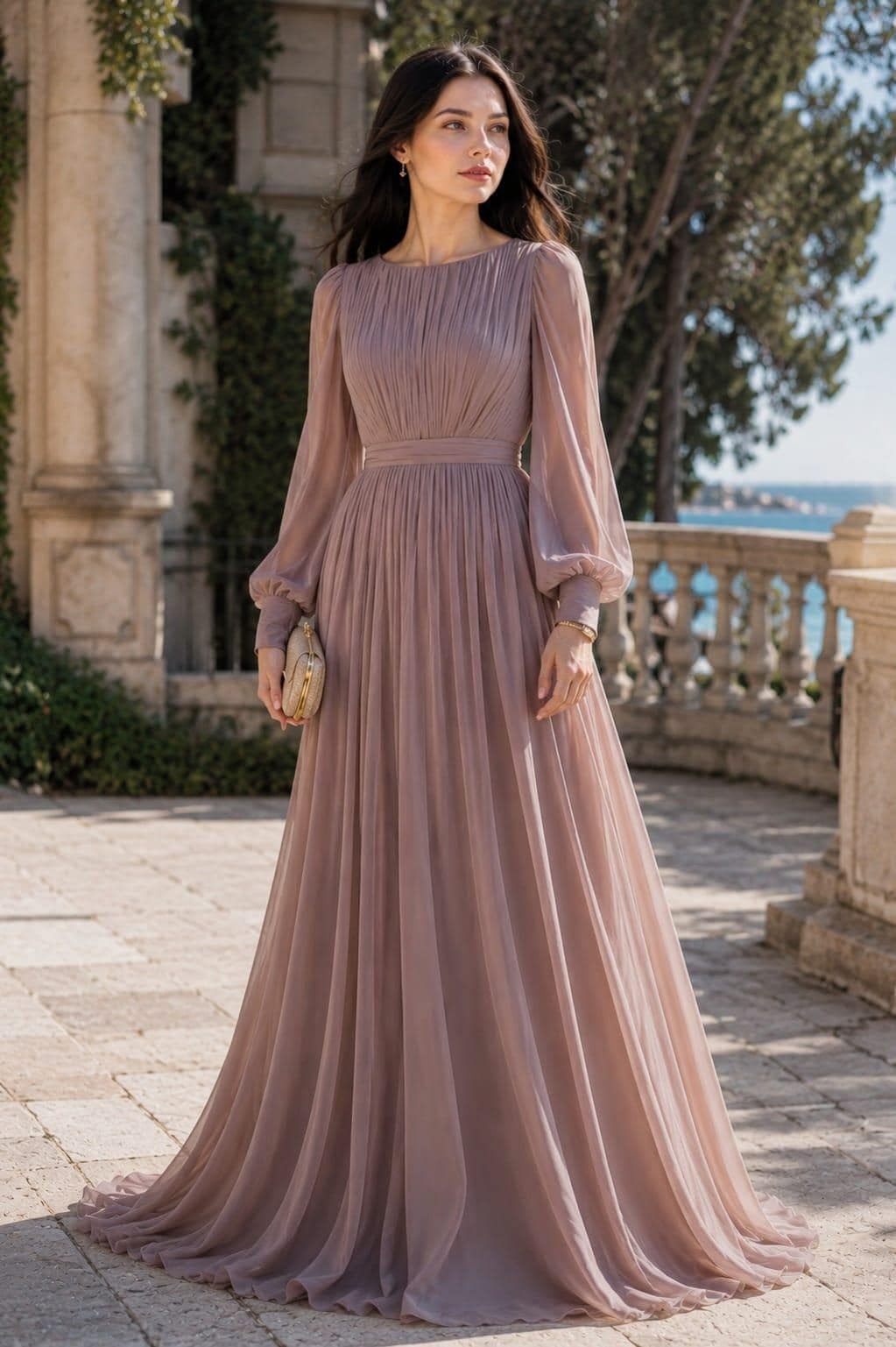 Women's Vintage Neckline Pleated Evening Maxi Dress