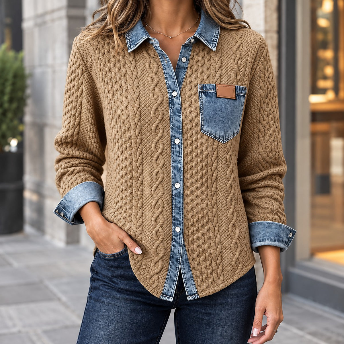 Women's Denim Look Collar Cable Knit Shirt