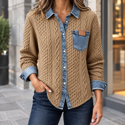 Women's Denim Look Collar Cable Knit Shirt