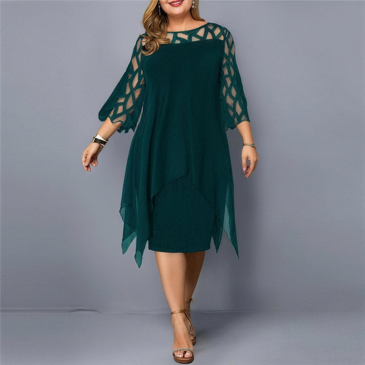 Women's Plus Size Dress with Mesh Sleeves