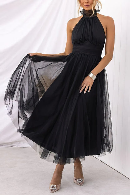 Women's Cowl Halter Tulle Tea Length Dress