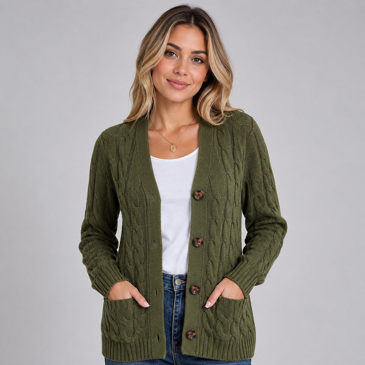 Women's V Neck Cable Knit Cardigan