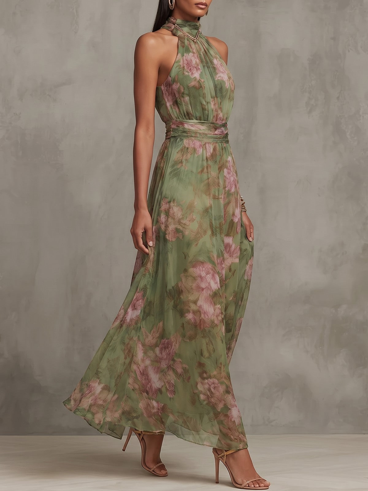 Women's Halter Neck Floral Print Maxi Dress