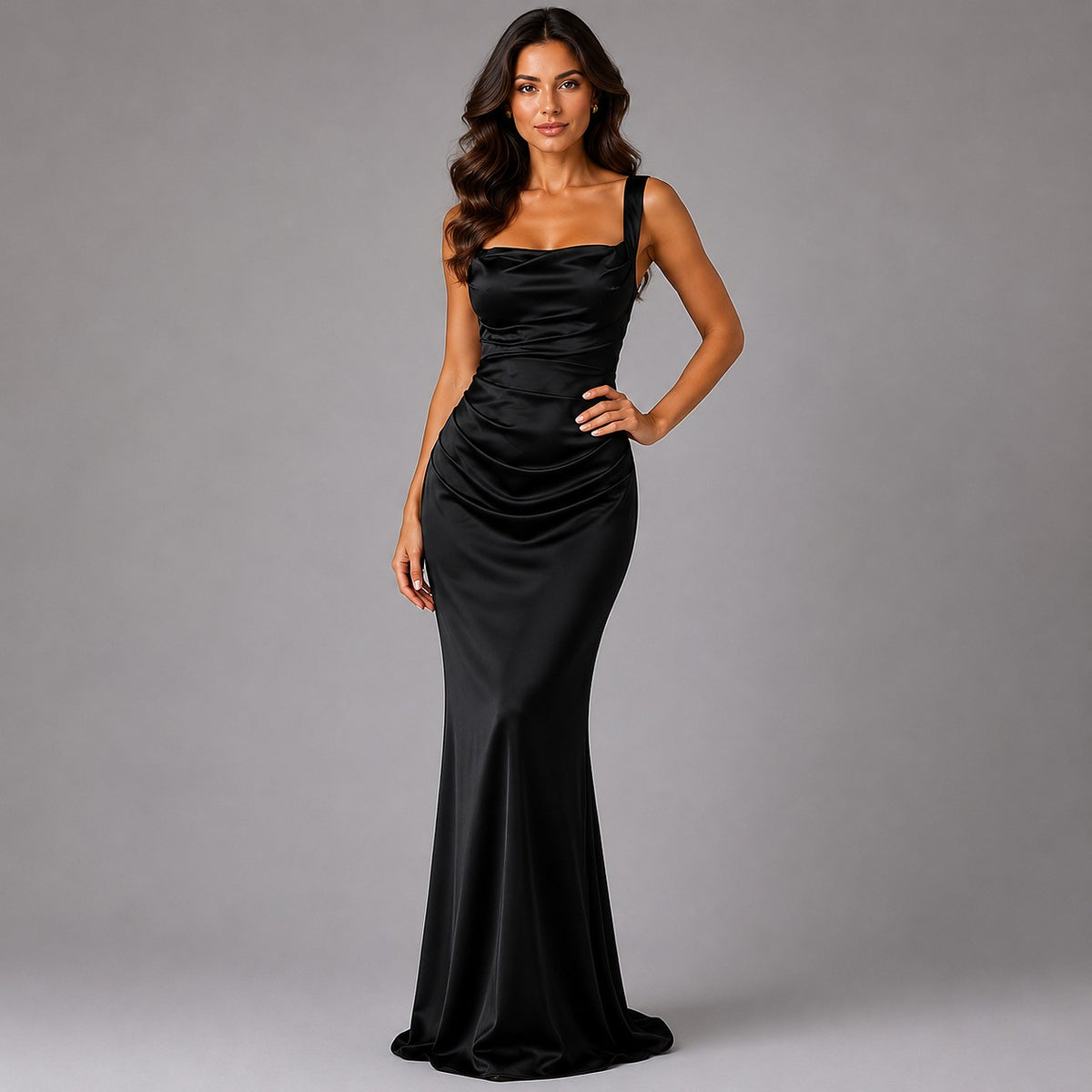 Women's Ruched Waist Square Neck Maxi Dress