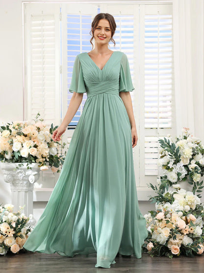 Women's Chiffon Maxi Dress with Flutter Sleeves