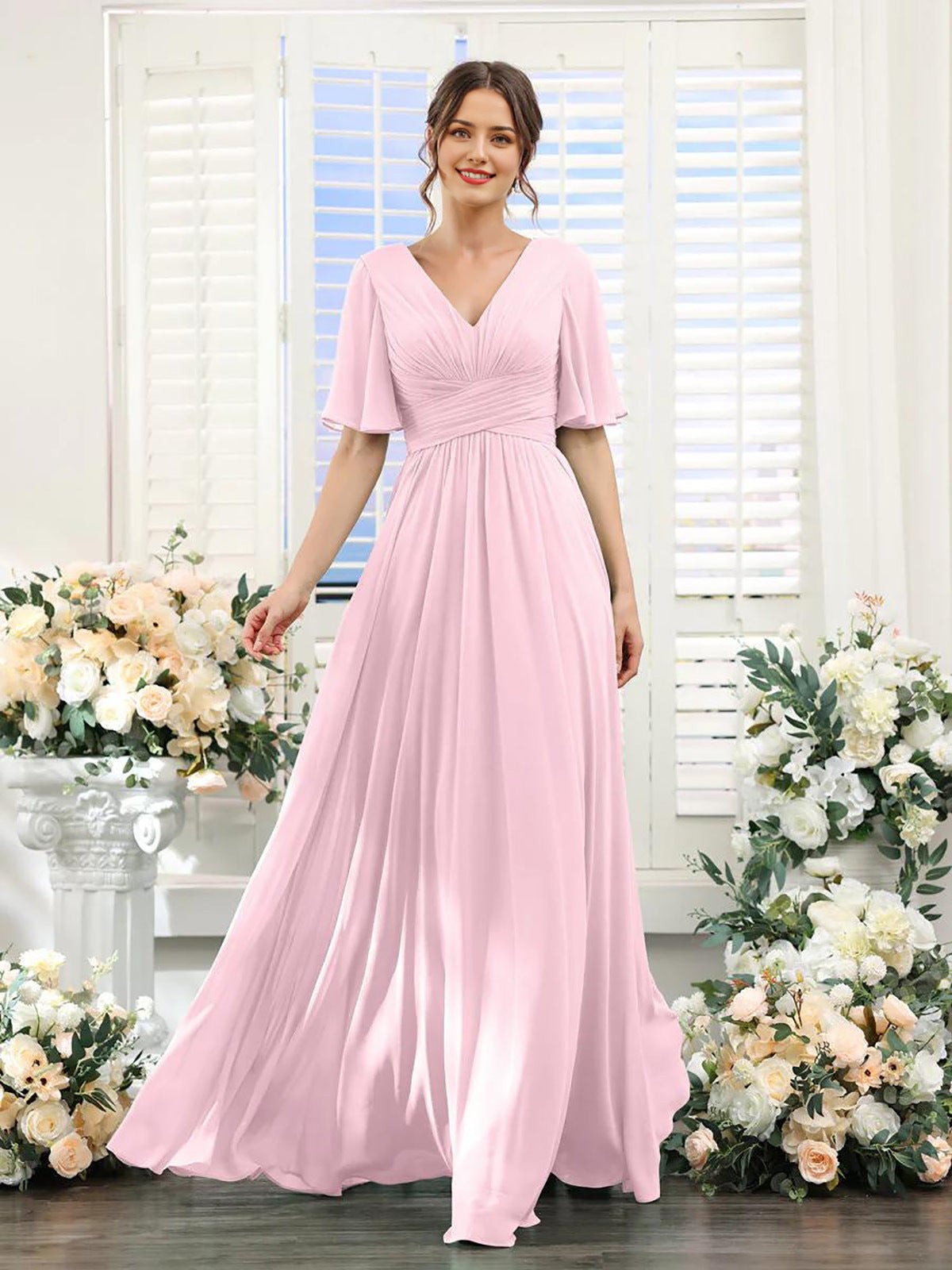 Women's Chiffon Maxi Dress with Flutter Sleeves
