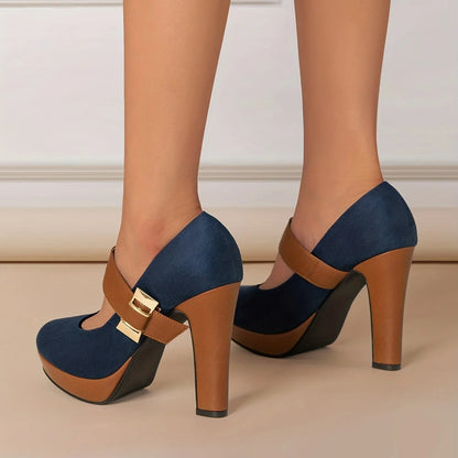 Women's Double Buckle Platform Block Heel Pumps
