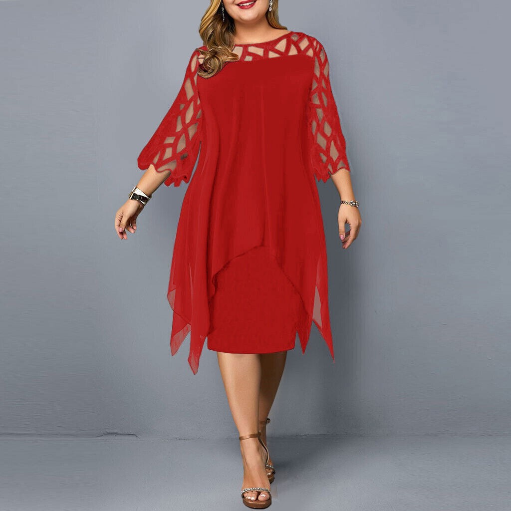 Women's Plus Size Dress with Mesh Sleeves