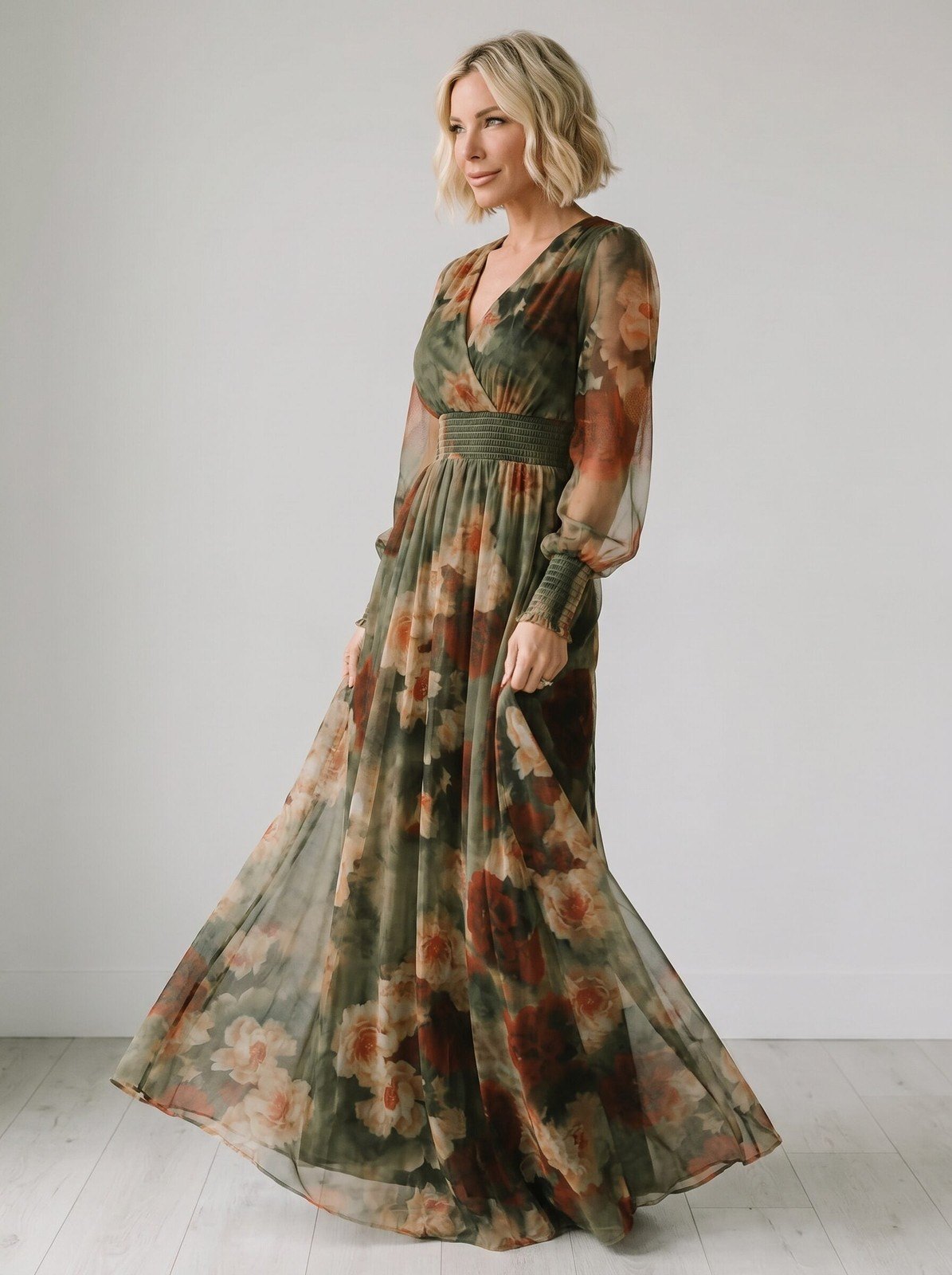 Women's Vintage Neckline Floral Tulle Maxi Dress