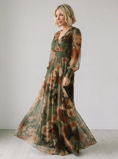 Women's Vintage Neckline Floral Tulle Maxi Dress